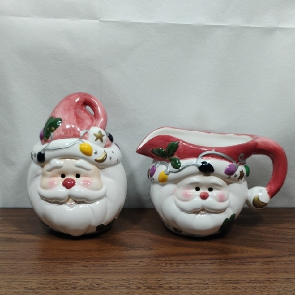Santa Cream and Sugar w/ Lid Christmas Saint Nicolas Blitzen and Company Ceramic